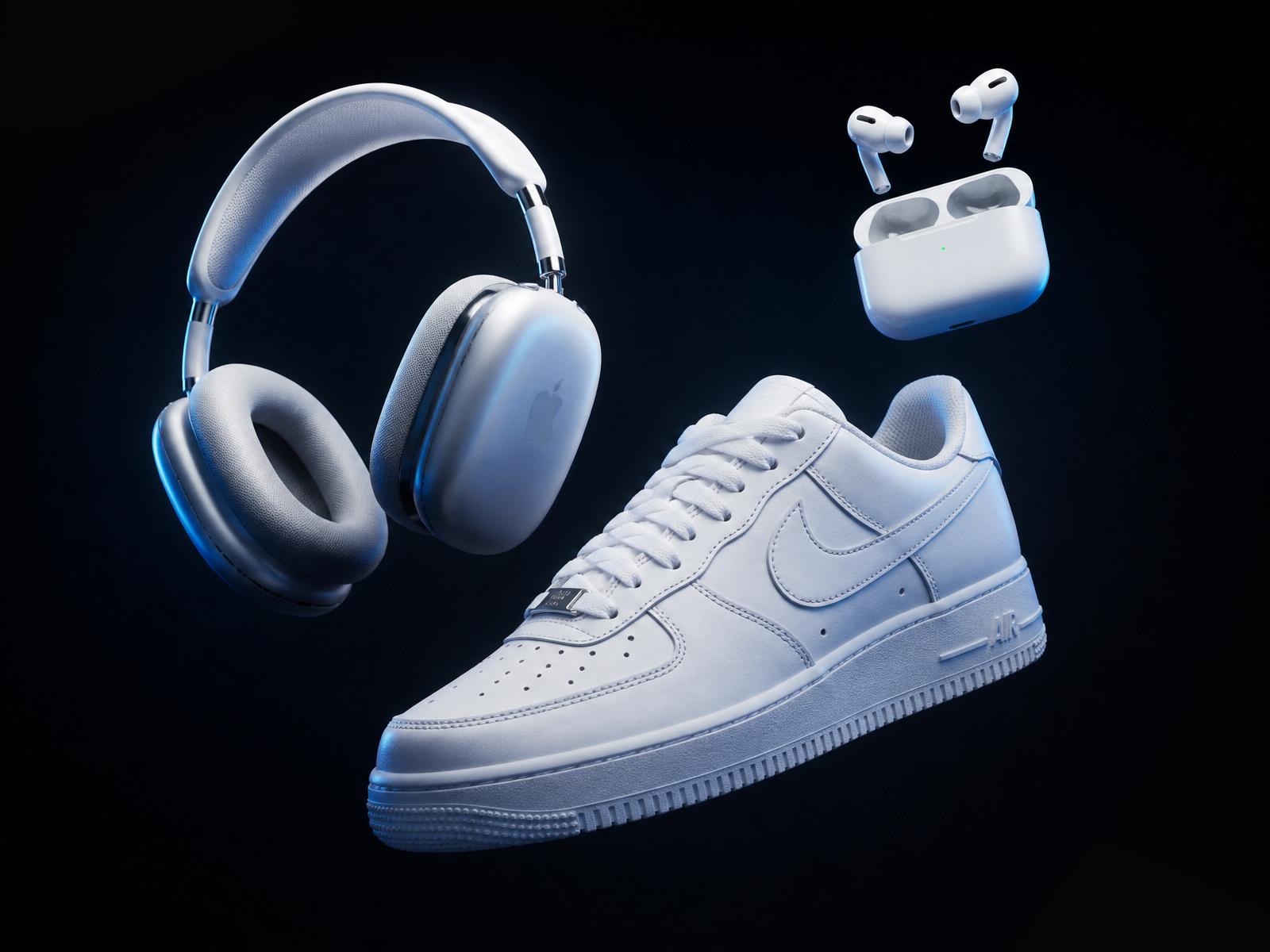 Premium sneakers, AirPods and headphones floating on a dark cinematic background